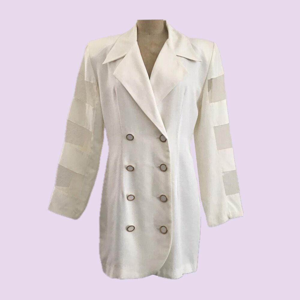Vintage 90s All That Jazz Off White Sheer Cutout Double Breasted Blazer S